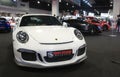 Porsche cars exhibit for sale in the huge showroom. Royalty Free Stock Photo