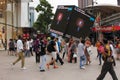 Crowds of people walking in the busy shopping district with malls in the Bukit Bintang area