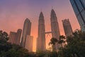 Kuala Lumpur, Malaysia park and skyline with sunset. Twin towers in KL center Royalty Free Stock Photo