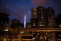 Kuala Lumpur, Malaysia - 13th February, 2018: Kuala Lumpur night streets city landscape and Menara KL tower view Royalty Free Stock Photo