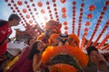 Malaysian traditional lion dance performs a dance routine outside the Thean Hou Temple
