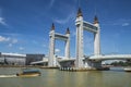 The view of Terengganu Drawbridge spans over the Terengganu River with boats as seen from Muara Utara in Seberang Takir of Kuala T