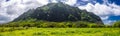 Kualoa mountain range panoramic view, famous filming location on Oahu island Royalty Free Stock Photo