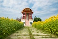 Kuan yin in  buddhist temple with sunflower garden Royalty Free Stock Photo