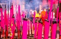 Giant pink incense sticks at the Goddess of Mercy buddhist temple, Georgetown, Penang Royalty Free Stock Photo