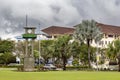 Lock tower in the town square against the backdrop of a stormy sky