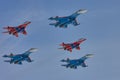 KUBINKA, MOSCOW REGION, RUSSIA Aerobatic team `Swifts` and `Russian knights` aircraft `su-30cm and MiG-29` Royalty Free Stock Photo
