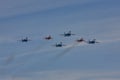 KUBINKA, MOSCOW REGION, RUSSIA Aerobatic team `Swifts` and `Russian knights` aircraft `SU-30 and MiG-29`