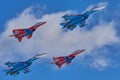 KUBINKA, MOSCOW REGION, RUSSIA Aerobatic team `Swifts` and `Russian knights` aircraft SU-30 and MIG-29 Royalty Free Stock Photo