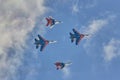 KUBINKA, MOSCOW REGION, RUSSIA Aerobatic team `Swifts` and `Russian knights` aircraft SU-30 and MiG-29` Royalty Free Stock Photo