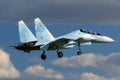 Sukhoi SU-30SM 15 RED jet fighter of russian air force landing at Kubinka air force base during Army-2015 forum Royalty Free Stock Photo