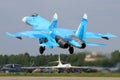 Sukhoi Su-27SM RF-92210 jet fighter of russian air force takes off at Kubinka air force base.