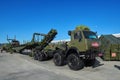 KUBINKA, RUSSIA, AUG.24, 2018: Armored military car on temporary bridge metal construction on heavy truck chassis for military and