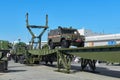 KUBINKA, RUSSIA, AUG.24, 2018: Armored military car on temporary bridge metal construction on heavy truck chassis for military and