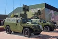 KUBINKA, RUSSIA, AUG.24, 2018: Military armored trucks Tigr equipped with air defense system and reconnaissance. Military armored Royalty Free Stock Photo