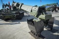 KUBINKA, RUSSIA, AUG.24, 2018: Special military excavator with toothed arm for fallen trees removing on tank platform. Russian wea