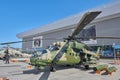 KUBINKA, RUSSIA, AUG.24, 2018: View on armed combat russian helicopter Mi-24. Russian military helicopters on ARMY-2018 exhibition Royalty Free Stock Photo