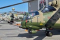 KUBINKA, RUSSIA, AUG.24, 2018: View on pilot cabin of armed combat russian helicopter Mi-24. Russian helicopters on ARMY-2018 exhi Royalty Free Stock Photo