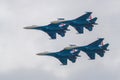 Four Su-35S fighters of the Russian Knights aerobatic team in flight Royalty Free Stock Photo