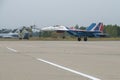 Russian Su-35S fighter Su-35S of the Russian Knights aerobatic team lands after completing a flight program Royalty Free Stock Photo