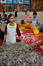 Fresh fish shrimp and prawns on display for sale at Satok Weekend wet market Kuching Malaysia