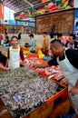 Fresh fish shrimp and prawns on display for sale at Satok Weekend wet market Kuching Malaysia