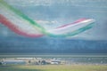 Flight of Italian aerobatic team Frecce Tricolori in close formation on SIAF 2021 airshow Royalty Free Stock Photo