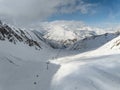 Kudebi, Bidara, Sadzele, Kobi aerial panorama in caucasus winter mountains. Aerial drone view of Gudauri ski resort in winter. Royalty Free Stock Photo