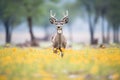 kudu standing alert among yellow flowers