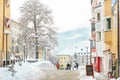Kufstein, Austria - January 12th, 2019: Spar supermarket grocery express store on snow covered street of small