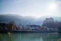 Kufstein Fortress beautiful landscape with smooth river on a forefront, Austria.