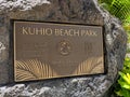 Kuhio Beach Park Sign with City and County of Honolulu State of Hawaii Seal on Rock Wall Royalty Free Stock Photo