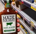 Kuhne Made for Meat tomato sauce with bacon and Jalape o pepper in a range of products in a store on May 5, 2020 in Russia,