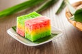 Kuih Lapis Ubi with rainbow color, traditional Malaysian Nyonya sweet cake