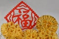 Kuih Rose Are Popular Treats During Chinese New Year In Singapore & Malaysia, Seen Here With A Red `Fu` Or `Fortune` Decoration