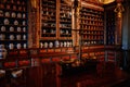 Kuks, East Bohemia, Czech Republic, 10 July 2021: Baroque hospital Kuks, interior of historic pharmacy, Vintage glass bottles on