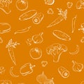 Vegetables outline seamless pattern on orange background. Simple vector monochrome illustration of fresh food. Royalty Free Stock Photo