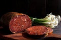 Kulen. Croatian spicy sausage on wooden board Royalty Free Stock Photo