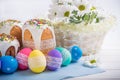 Kulich, traditional Russian Ukrainian Easter cake with icing and colored eggs with lace ribbon on white wooden background