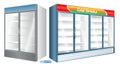 Set of realistic refrigerator showcase isolated or commercial refrigerator cooling drinks fridge freezer or showcase transparent Royalty Free Stock Photo