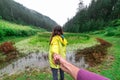 Kullu, Himachal Pradesh, India - September 02, 2018 : Grass covered punrik rishi lake surrounded by deodar tree Royalty Free Stock Photo