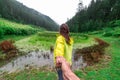 Kullu, Himachal Pradesh, India - September 02, 2018 : Grass covered punrik rishi lake surrounded by deodar tree Royalty Free Stock Photo