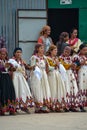 A group of Himachali women dancing Nati dance in the folk dress(dhatu & pattu) of kullu