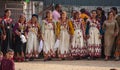 A group of Himachali women dancing Nati dance in the folk dress(dhatu & pattu)of kullu