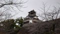 Uto-yagura Turret in Kumamoto Castle on a stone wall surrounded by tree branches in the winter under a cloudy sky Royalty Free Stock Photo