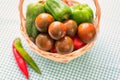 Kumato (brown) tomatoes in basket, closeup Royalty Free Stock Photo
