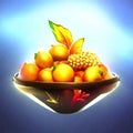 Kumquat in a bowl on a blue background. 3d rendering AI Generated