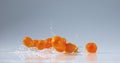 Kumquat, fortunella margarita, Fruits falling on Water