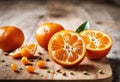 A kumquat sliced in half, revealing its orange flesh and seeds