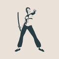 Kung Fu martial art silhouette of woman with sword Royalty Free Stock Photo